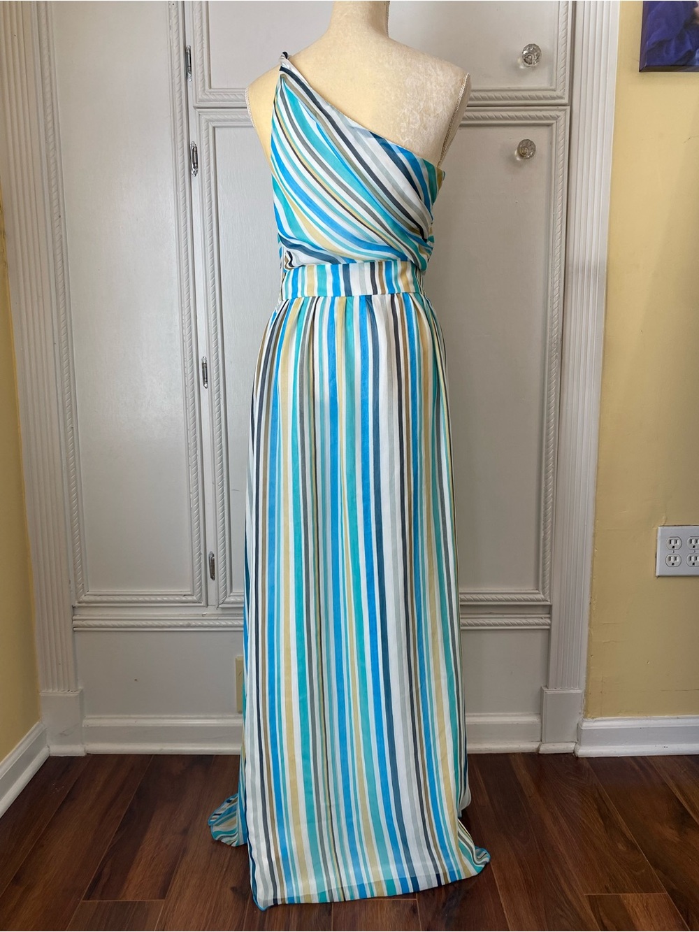 One-Shoulder Striped Maxi Dress in Blue and White